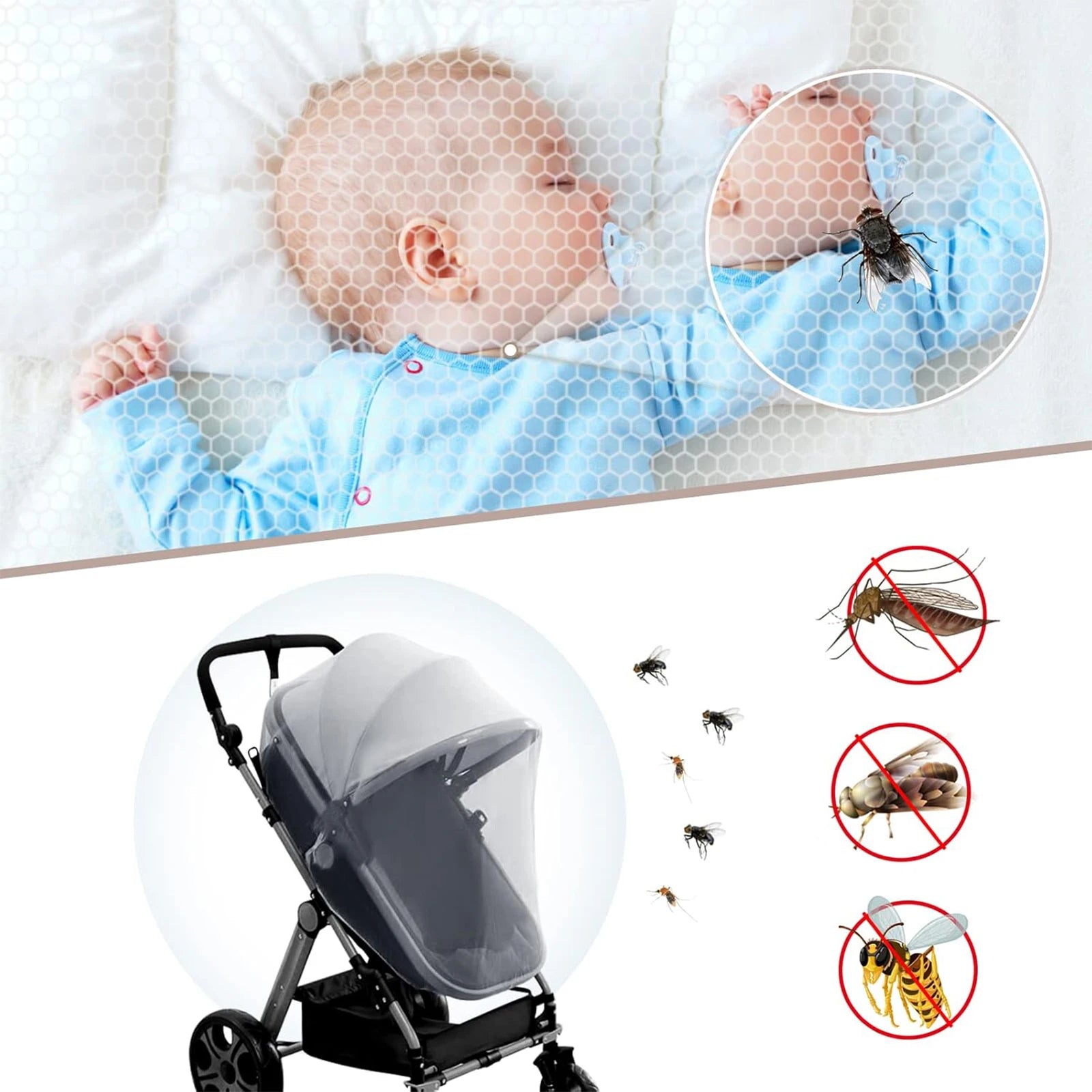 Universal Mosquito Net for 3-in-1 Baby Stroller, Size 140X90Cm, White Breathable Hexagonal Mesh with Elastic Band, Compatible with Most Strollers, Cribs and Bassinets, Anti-Mosquito Protection for Babies