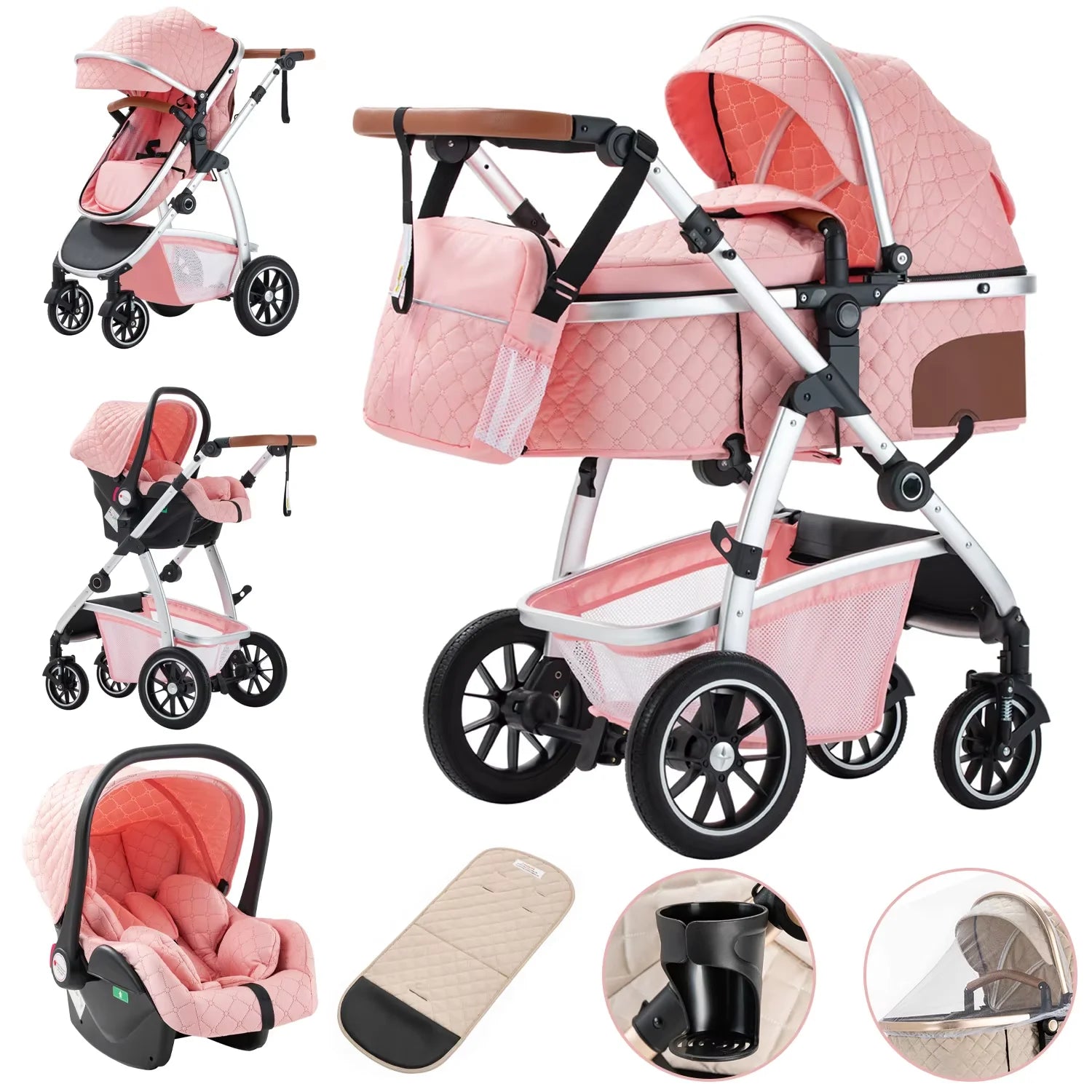 3 in 1 baby Prams Pushchair with high landscape Adjustable Handle Travel Pram with Mosquito Net Baby Stroller Aluminum frame