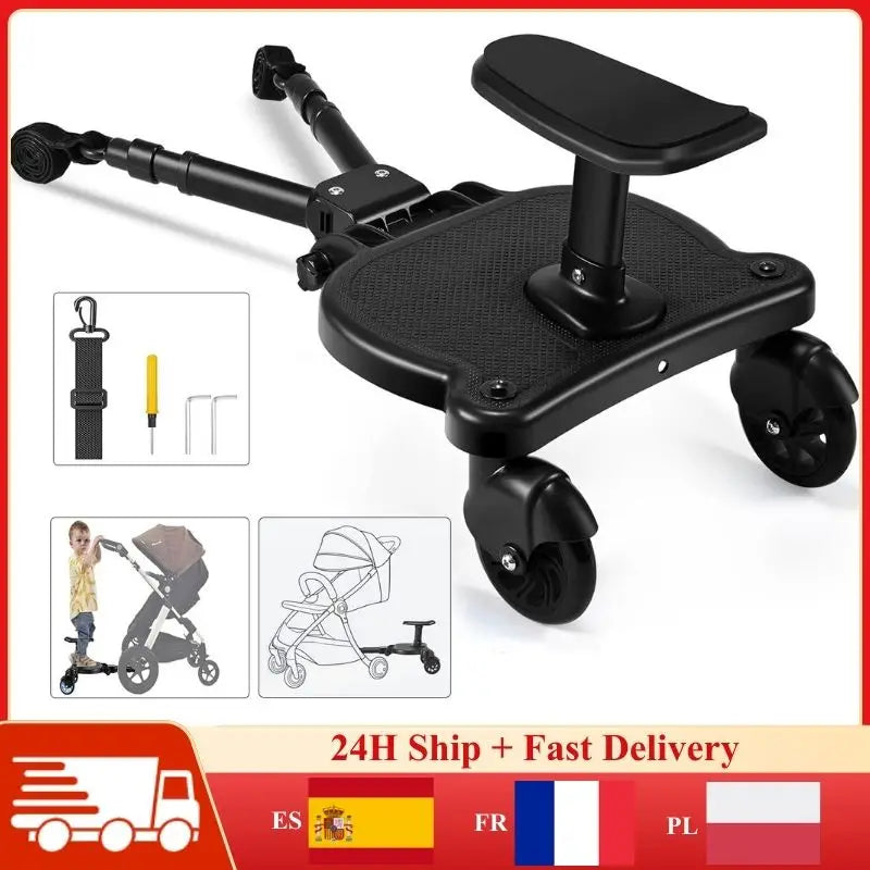 Universal Adjustable Stroller Board 2-in-1 Stand and Sit Baby Buggy Pedal with Detachable Seat Max 25KG Toddler Stroller Boards