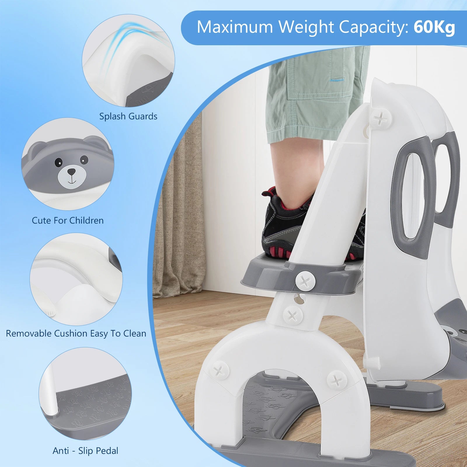 2-in-1 Toilet Trainer with Stairs, Height Adjustable, Comfortable Safe Toilet Seats, Children's Toilet Seat with Stairs