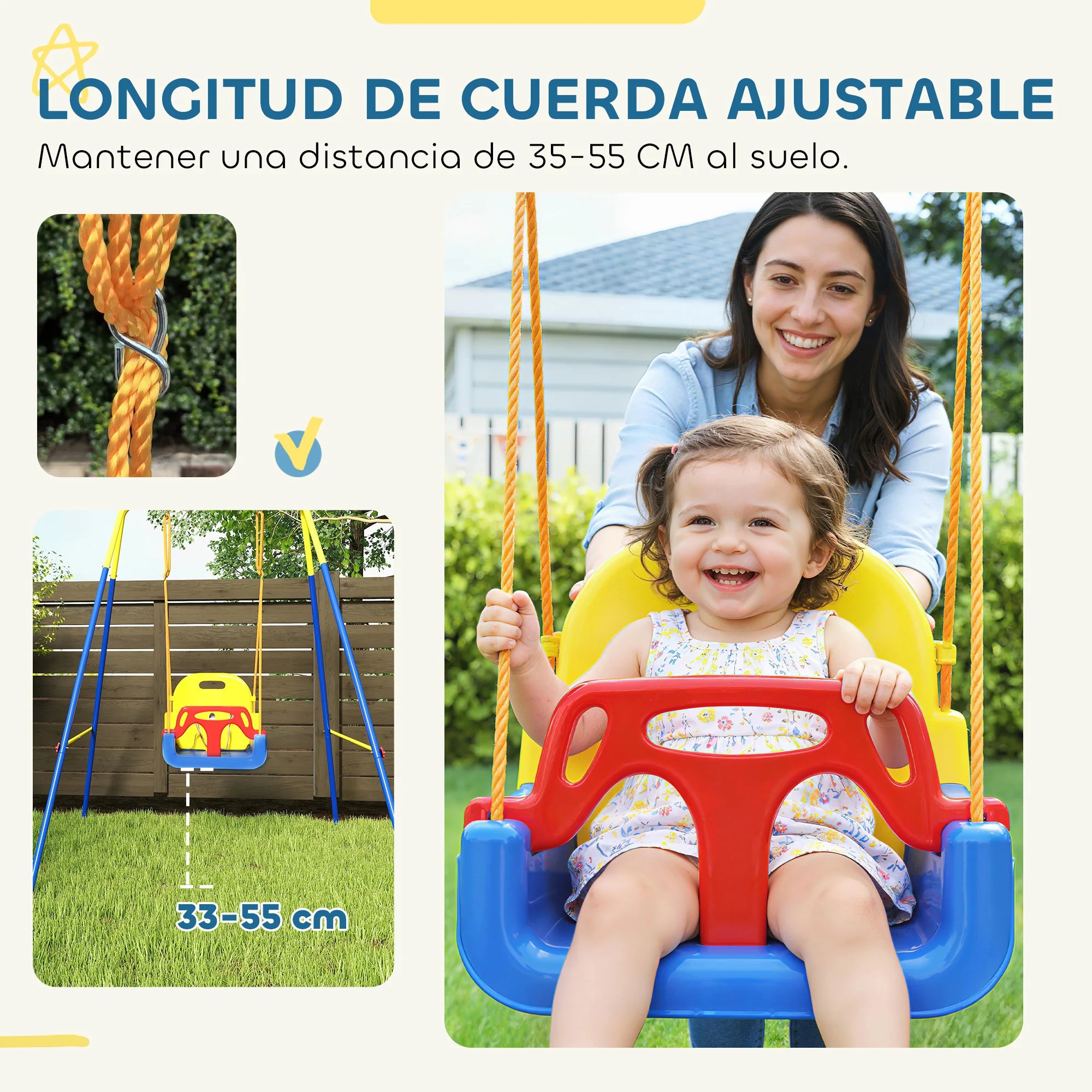 Aiyaplay 3-in-1 Baby Swing with Adjustable Ropes Safety Belt Foldable Steel Frame Blue