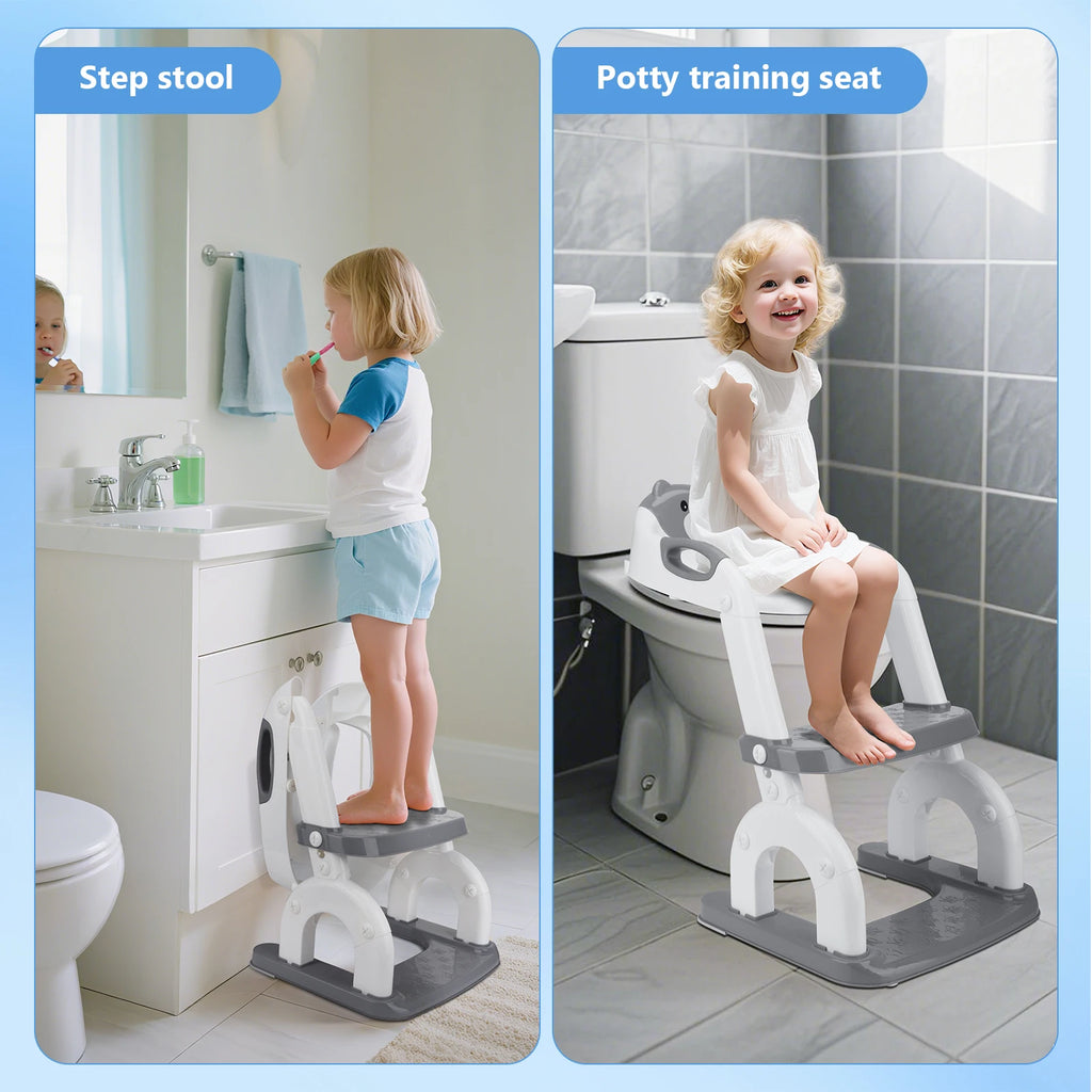 2-in-1 Toilet Trainer with Stairs, Height Adjustable, Comfortable Safe Toilet Seats, Children's Toilet Seat with Stairs