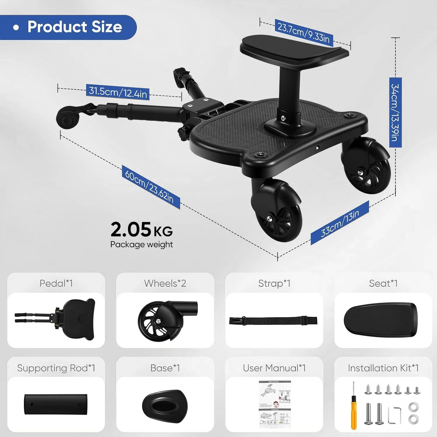 Universal Adjustable Stroller Board 2-in-1 Stand and Sit Baby Buggy Pedal with Detachable Seat Max 25KG Toddler Stroller Boards