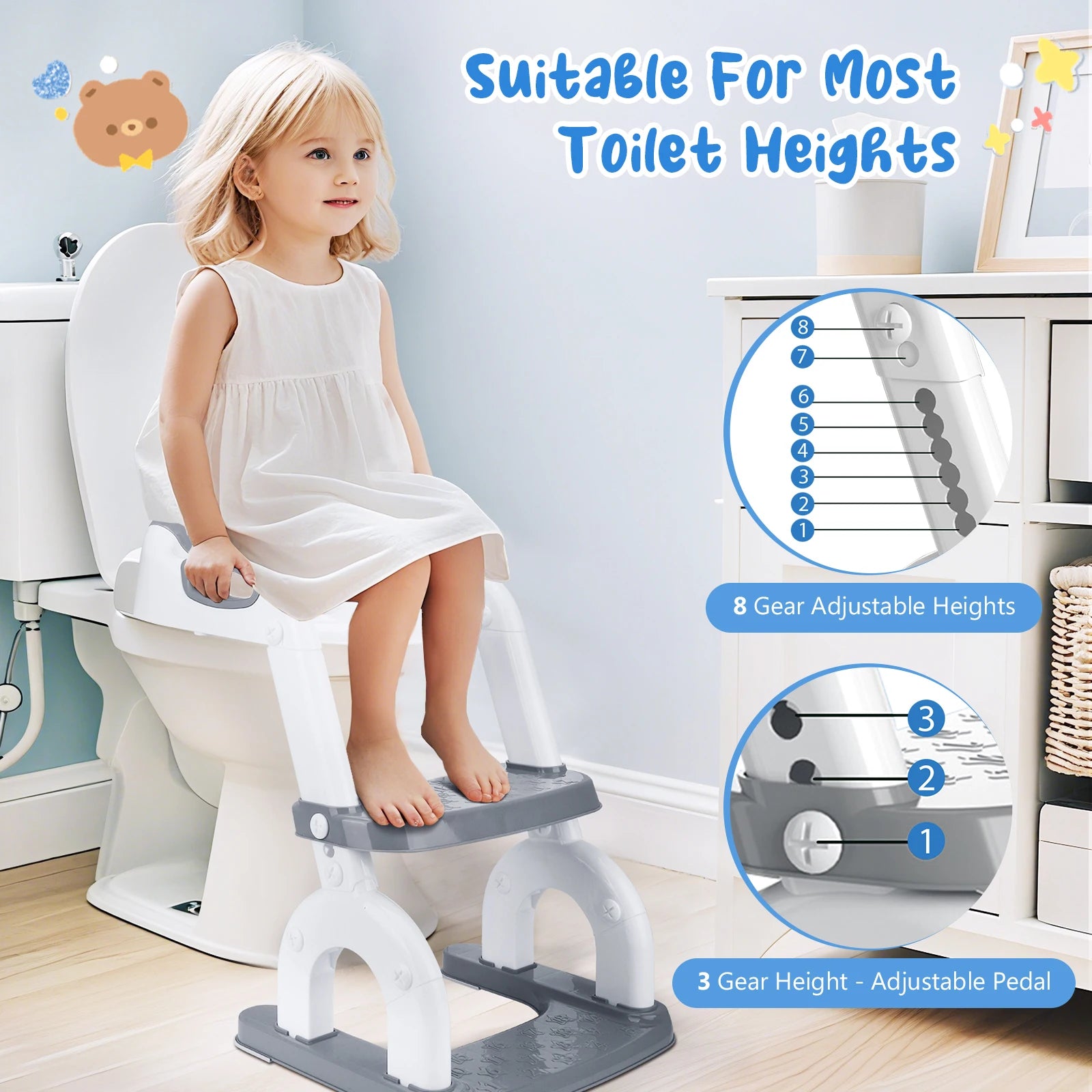 2-in-1 Toilet Trainer with Stairs, Height Adjustable, Comfortable Safe Toilet Seats, Children's Toilet Seat with Stairs