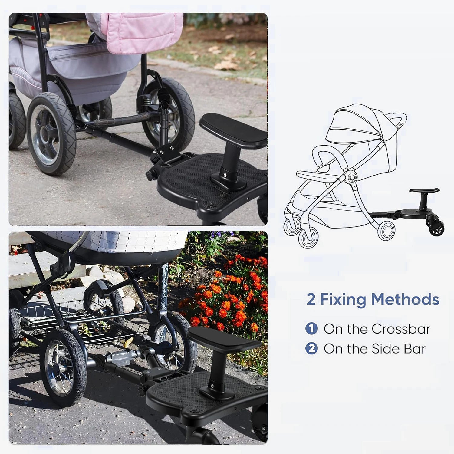 Universal Adjustable Stroller Board 2-in-1 Stand and Sit Baby Buggy Pedal with Detachable Seat Max 25KG Toddler Stroller Boards