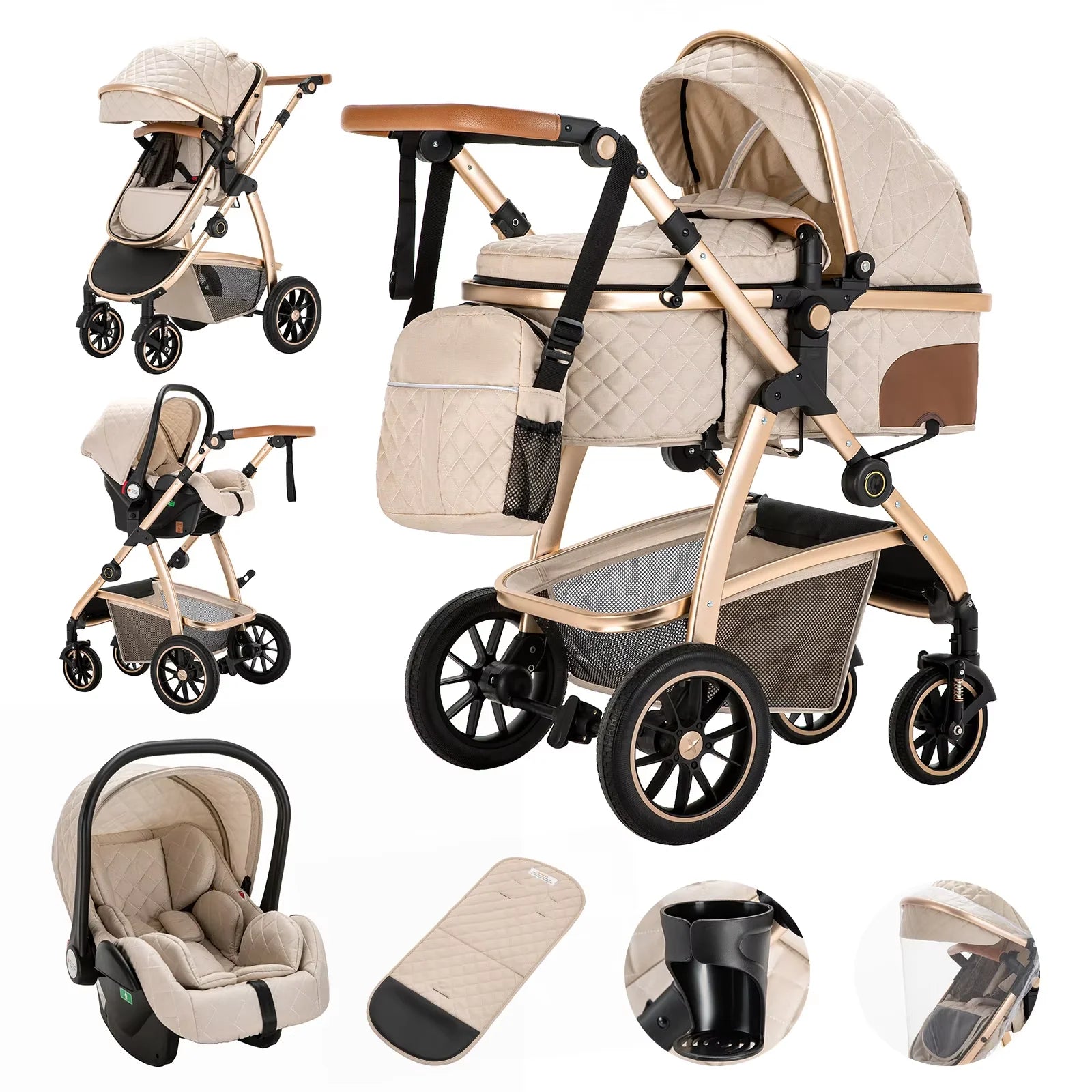 3 in 1 baby Prams Pushchair with high landscape Adjustable Handle Travel Pram with Mosquito Net Baby Stroller Aluminum frame