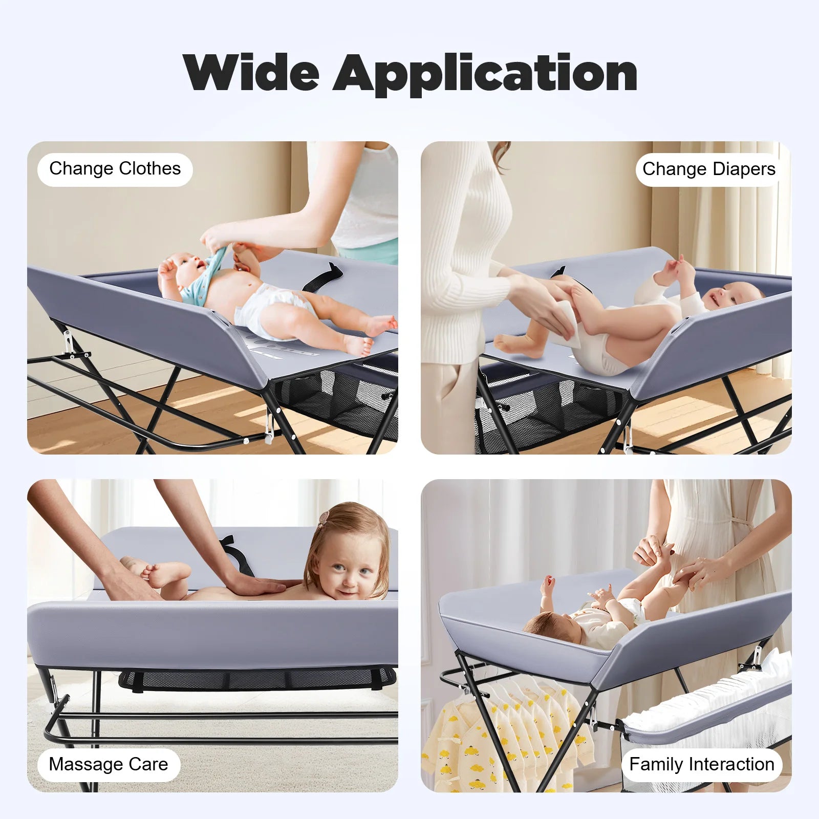 Diaper Station, Changing Table, Baby Changing Diaper Station Horizontal, Foldable Organizer, Sturdy Iron Frame, Cartoon Print, Oxford Fabric, Waterproof, Tear Resistant, Nursery Changing Unit for Infant, Height Adjustable, Easy Clean, Dark Gray