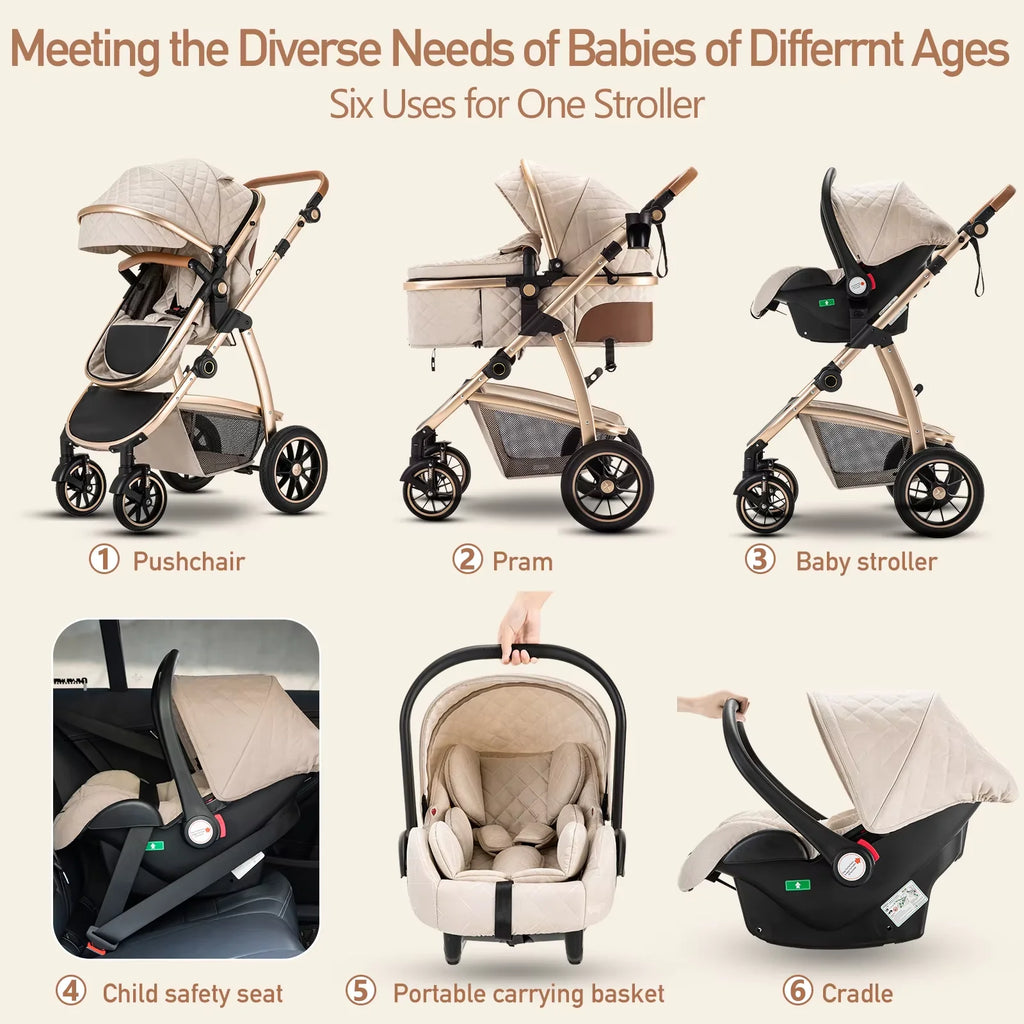 3 in 1 baby Prams Pushchair with high landscape Adjustable Handle Travel Pram with Mosquito Net Baby Stroller Aluminum frame