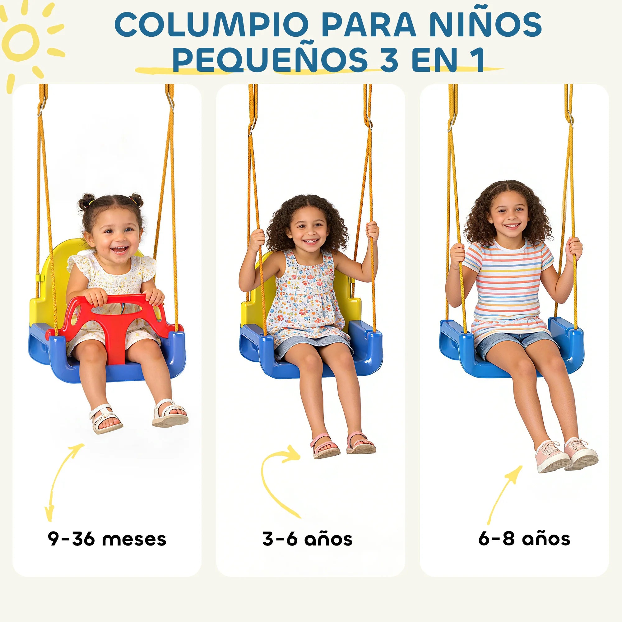 Aiyaplay 3-in-1 Baby Swing with Adjustable Ropes Safety Belt Foldable Steel Frame Blue