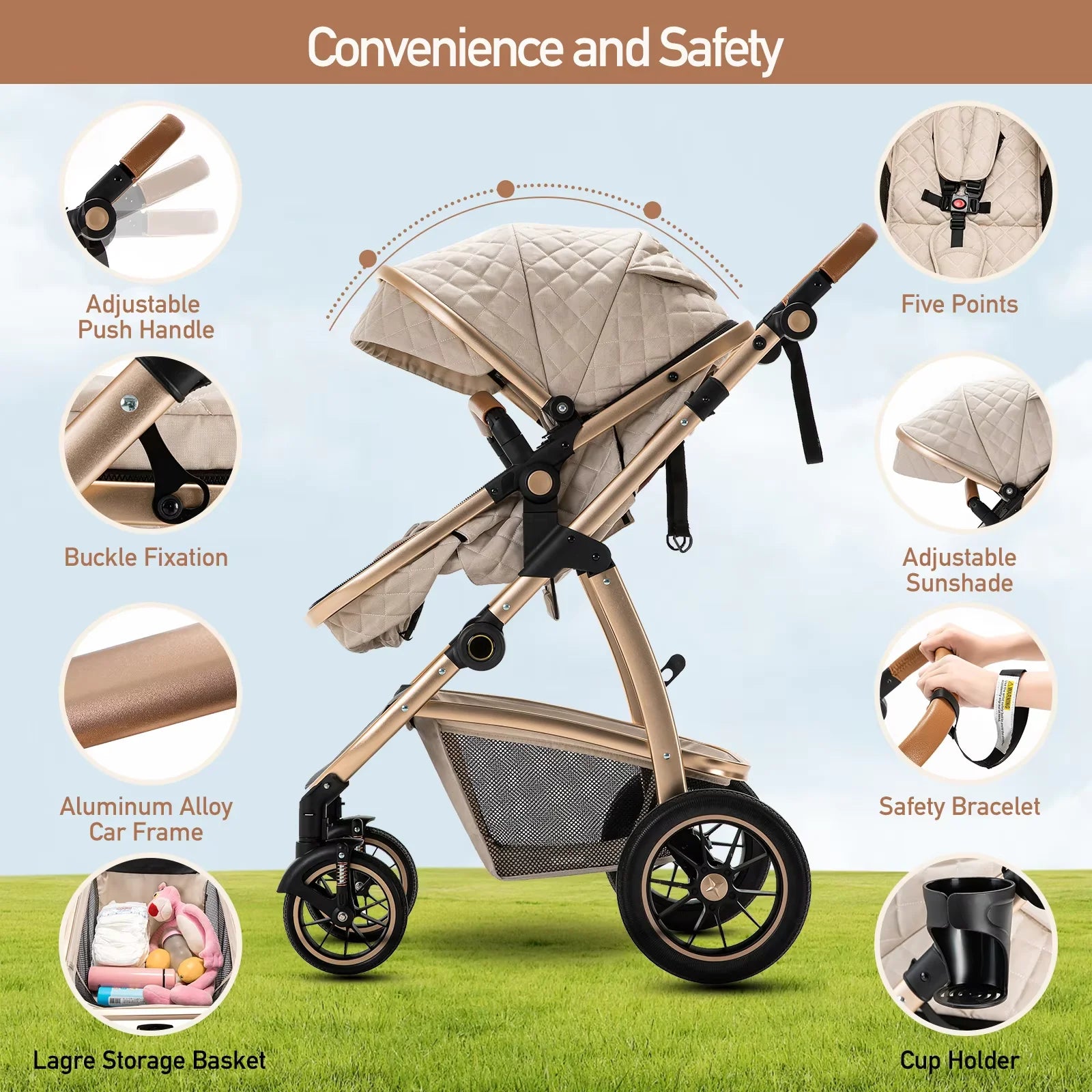 3 in 1 baby Prams Pushchair with high landscape Adjustable Handle Travel Pram with Mosquito Net Baby Stroller Aluminum frame