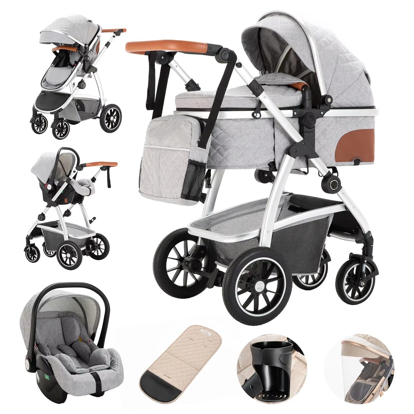 3 in 1 baby Prams Pushchair with high landscape Adjustable Handle Travel Pram with Mosquito Net Baby Stroller Aluminum frame