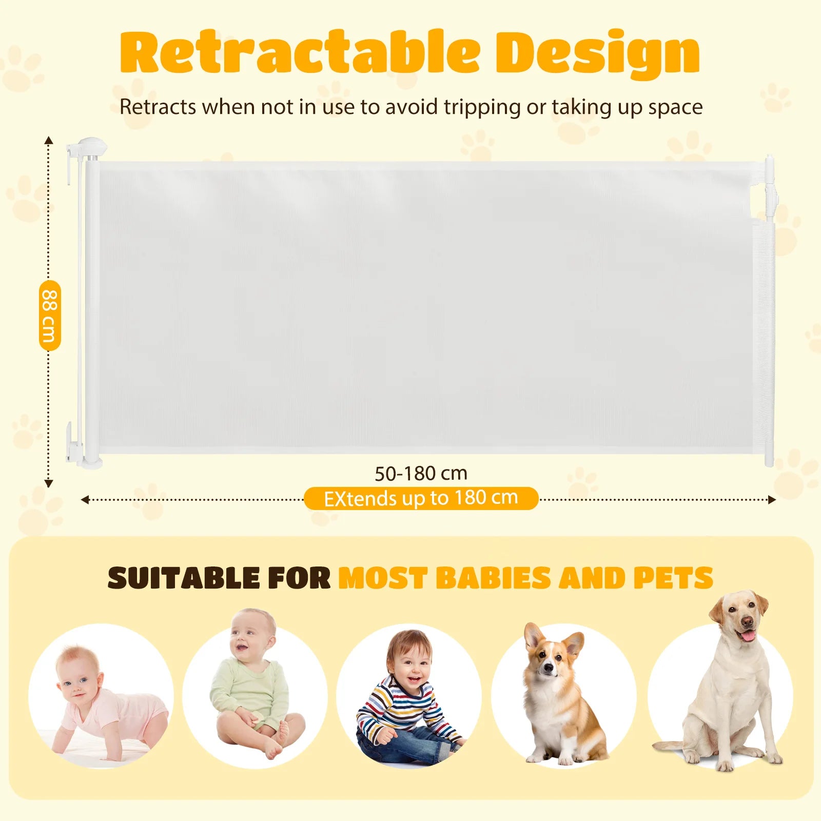 Nobleza Extendable Baby Safety Gate, Safety Barrier for Children and Dogs 0-180cm, One-Hand Opening, Ideal for Stairs, Doors, Indoor and Outdoor, White