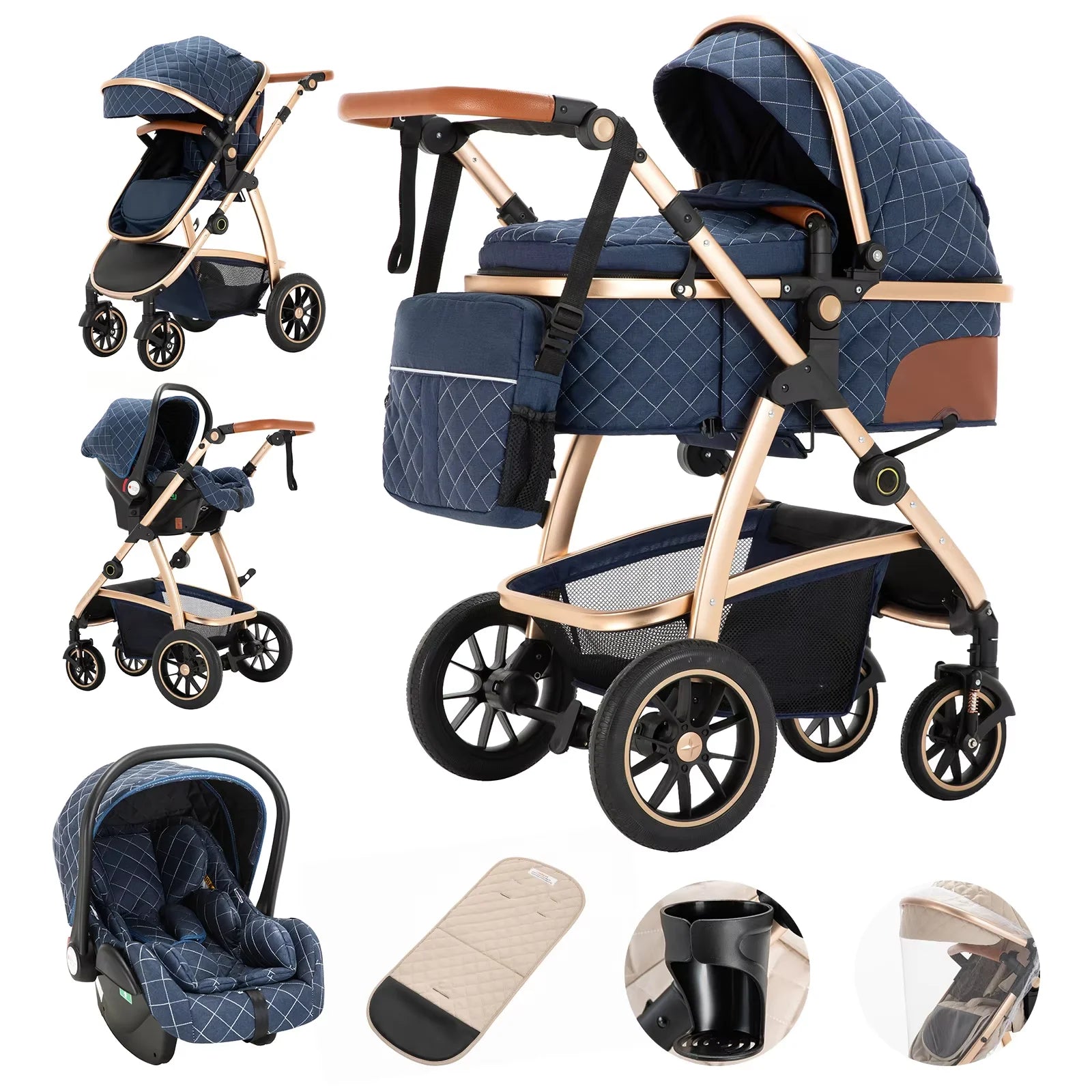 3 in 1 baby Prams Pushchair with high landscape Adjustable Handle Travel Pram with Mosquito Net Baby Stroller Aluminum frame
