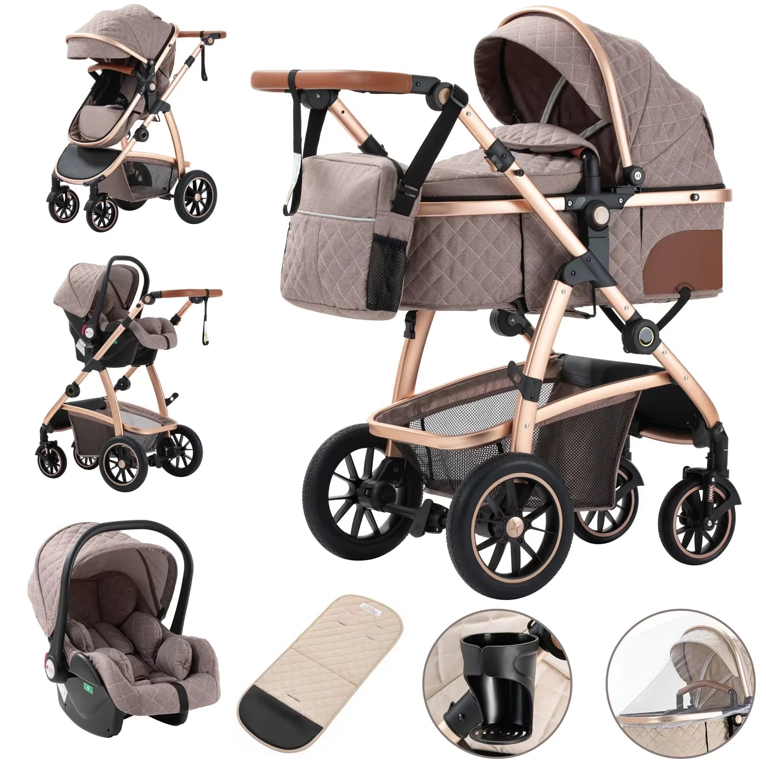 3 in 1 baby Prams Pushchair with high landscape Adjustable Handle Travel Pram with Mosquito Net Baby Stroller Aluminum frame