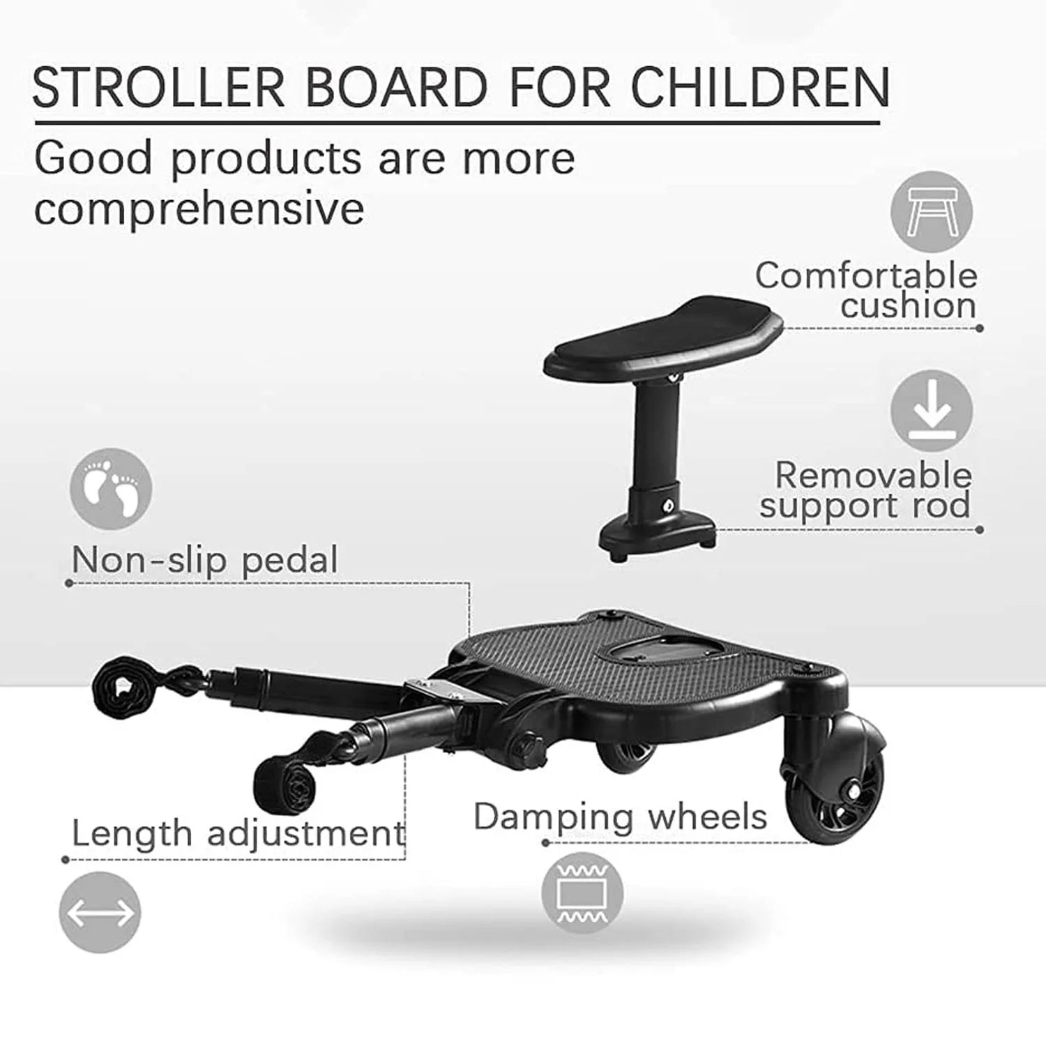 Universal Adjustable Stroller Board 2-in-1 Stand and Sit Baby Buggy Pedal with Detachable Seat Max 25KG Toddler Stroller Boards