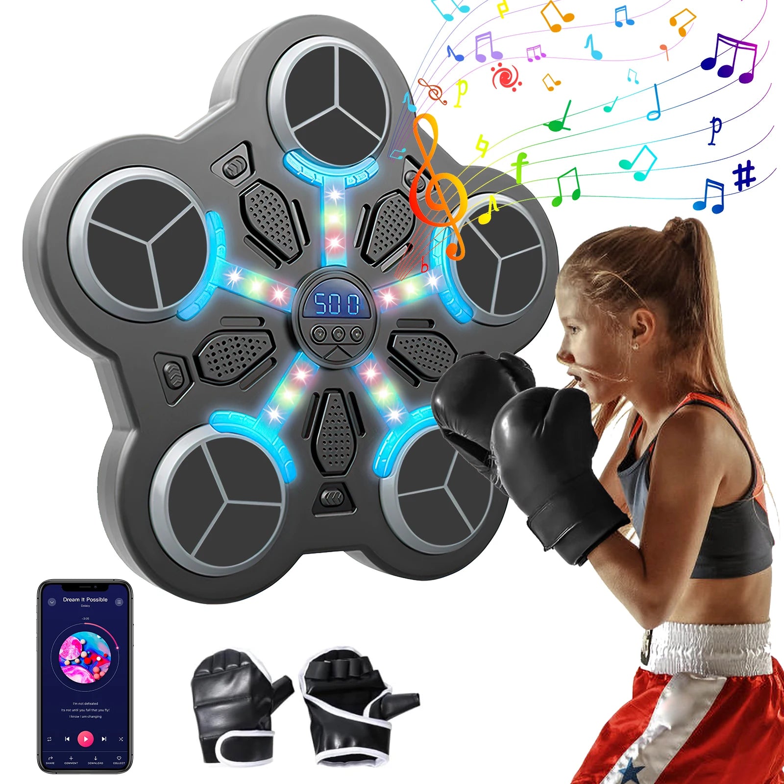 Kids Smart Bluetooth Music Boxing Trainer with Gloves, Interactive Rhythm Modes & Safe Design, Home Fitness for Children